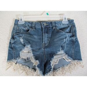 Almost Famous Womens Juniors Distressed Jean Shorts Size 9 Y2K Mid Rise Lace